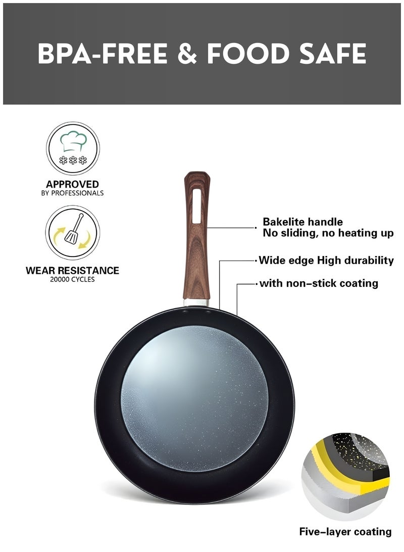 JUNI 30 cm Nonstick Frying Pan with Wooden Handle & include Free 3 Silicone Kitchen Utensils – Scratch-Resistant Skillet Pan, Induction & Gas Stove Compatible, Healthy Low-Oil Cooking - Image 5